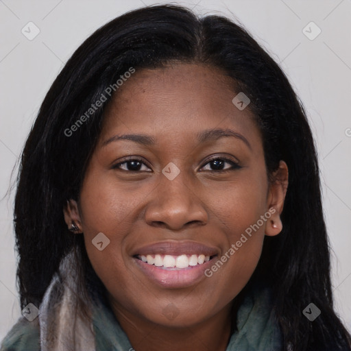 Joyful asian young-adult female with long  brown hair and brown eyes