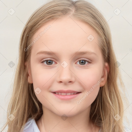 Joyful white child female with medium  brown hair and blue eyes