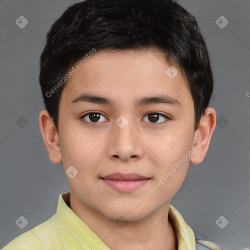 Joyful white child male with short  brown hair and brown eyes