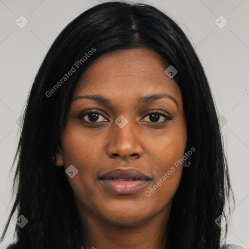 Joyful asian young-adult female with long  black hair and brown eyes