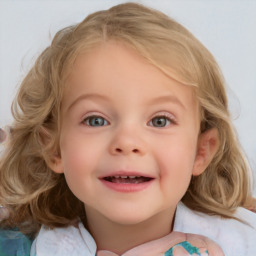 Joyful white child female with medium  brown hair and blue eyes