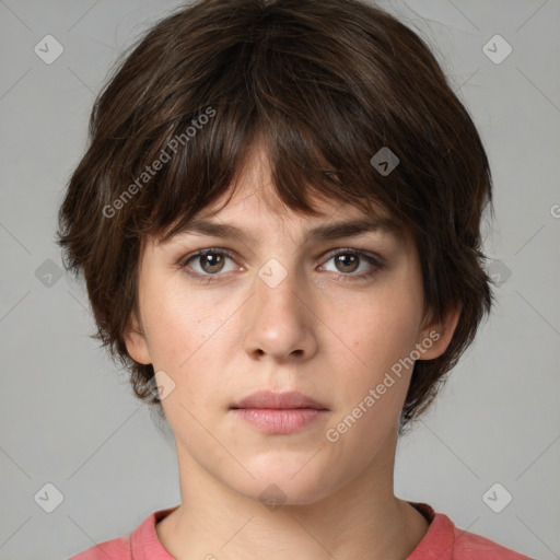 Neutral white young-adult female with medium  brown hair and brown eyes