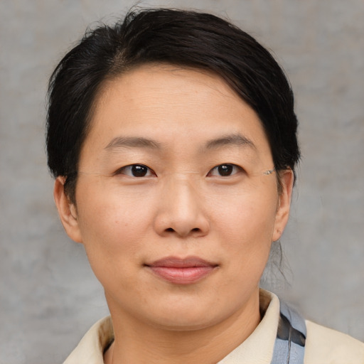 Neutral asian adult female with short  brown hair and brown eyes