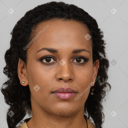 Neutral black young-adult female with long  brown hair and brown eyes