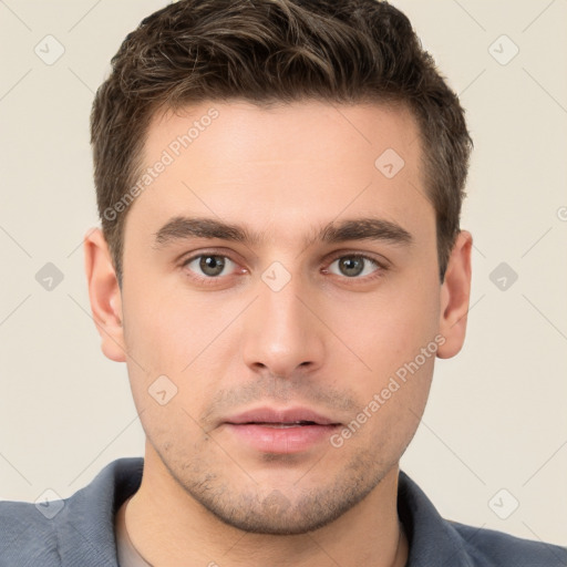 Neutral white young-adult male with short  brown hair and brown eyes