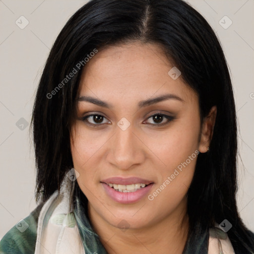 Joyful latino young-adult female with medium  brown hair and brown eyes