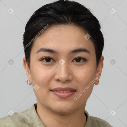 Joyful asian young-adult female with short  brown hair and brown eyes