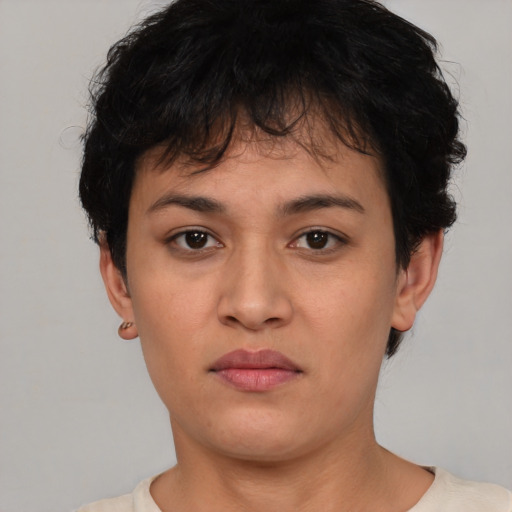 Neutral asian young-adult female with short  black hair and brown eyes