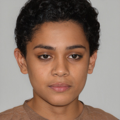 Neutral latino young-adult female with short  brown hair and brown eyes