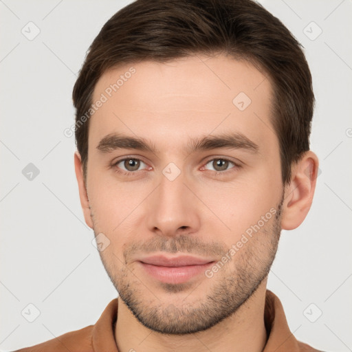 Neutral white young-adult male with short  brown hair and brown eyes