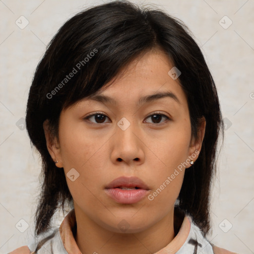 Neutral asian young-adult female with medium  brown hair and brown eyes