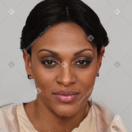 Joyful latino young-adult female with short  brown hair and brown eyes