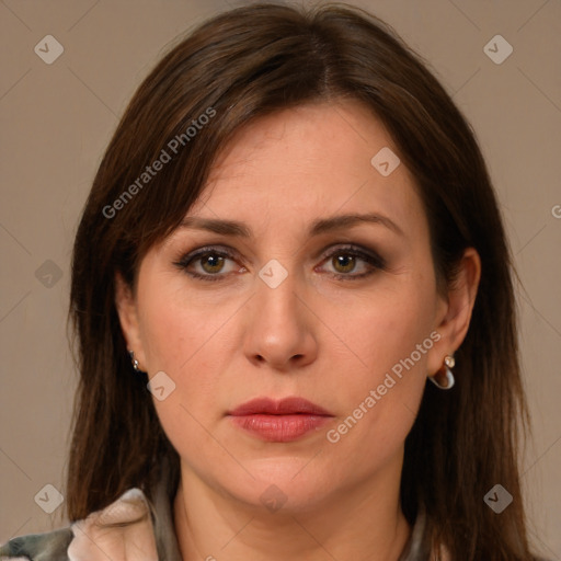 Neutral white young-adult female with medium  brown hair and grey eyes