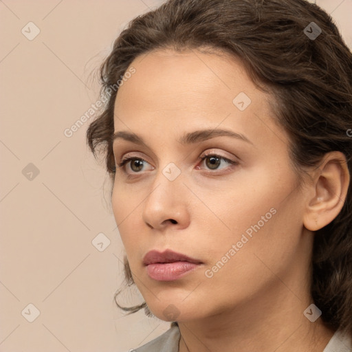 Neutral white young-adult female with medium  brown hair and brown eyes