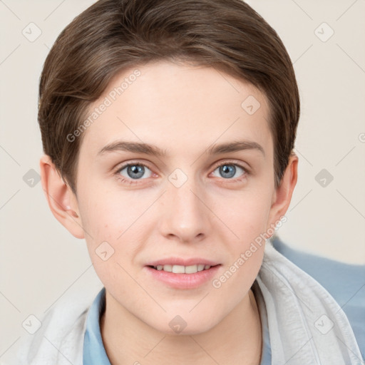 Joyful white young-adult female with short  brown hair and grey eyes