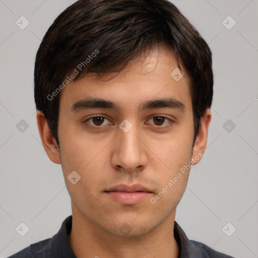 Neutral white young-adult male with short  brown hair and brown eyes