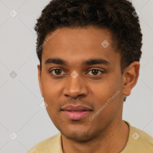 Joyful black young-adult male with short  brown hair and brown eyes