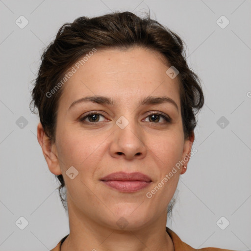 Joyful white adult female with short  brown hair and brown eyes