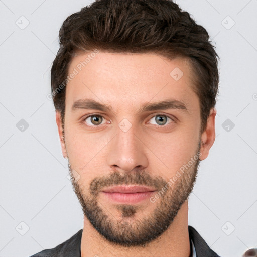 Neutral white young-adult male with short  brown hair and grey eyes