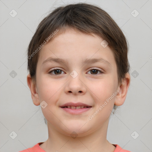 Joyful white child female with short  brown hair and brown eyes