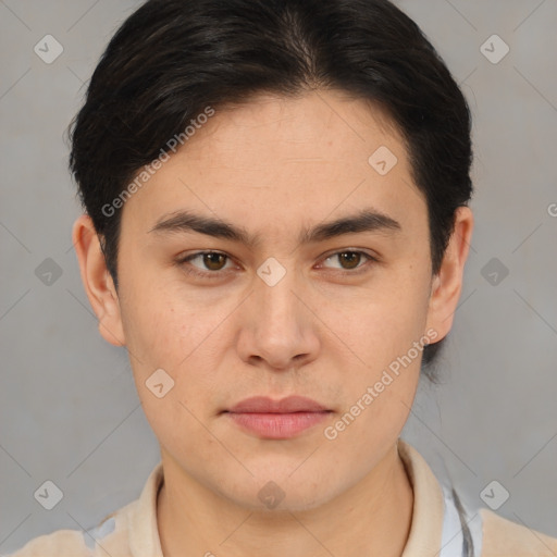 Joyful white young-adult male with medium  brown hair and brown eyes