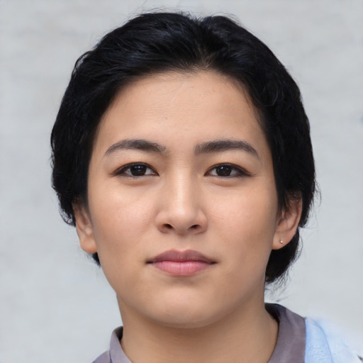Neutral asian young-adult female with short  black hair and brown eyes