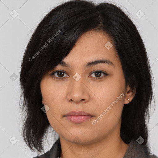 Neutral asian young-adult female with medium  black hair and brown eyes