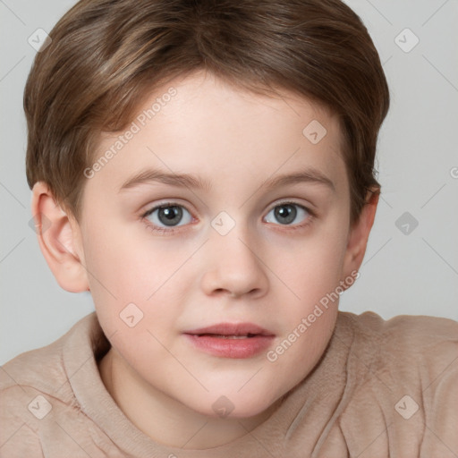 Neutral white child female with short  brown hair and grey eyes