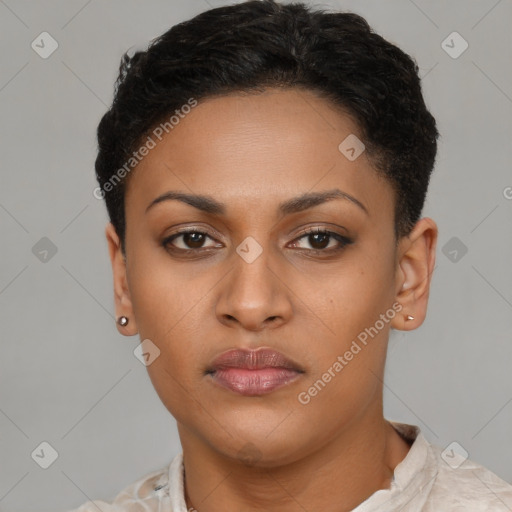 Neutral latino young-adult female with short  brown hair and brown eyes