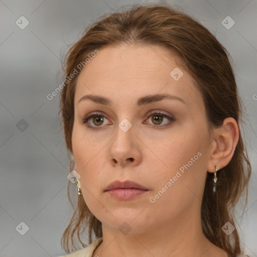 Neutral white young-adult female with medium  brown hair and brown eyes