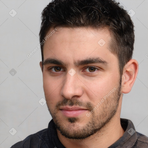 Neutral white young-adult male with short  brown hair and brown eyes