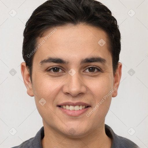 Joyful white young-adult male with short  brown hair and brown eyes