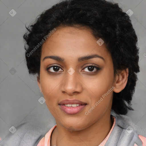 Joyful latino young-adult female with long  black hair and brown eyes