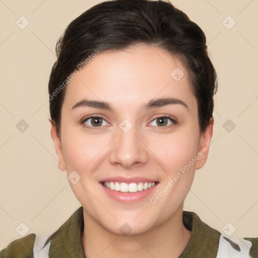 Joyful white young-adult female with short  brown hair and brown eyes