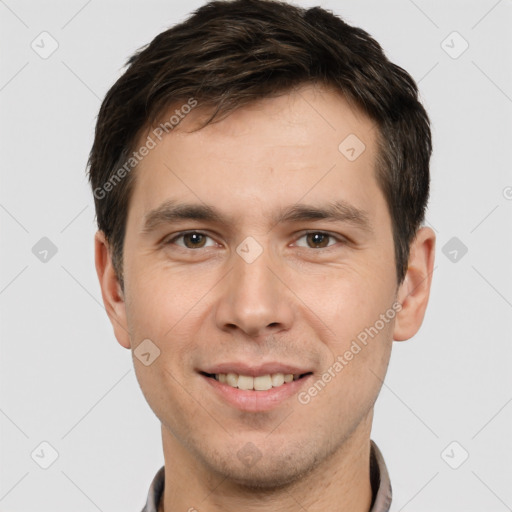 Joyful white young-adult male with short  brown hair and brown eyes