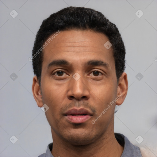 Neutral latino adult male with short  black hair and brown eyes