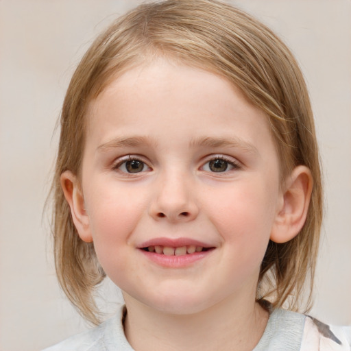 Joyful white child female with medium  brown hair and blue eyes