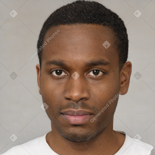 Neutral black young-adult male with short  black hair and brown eyes