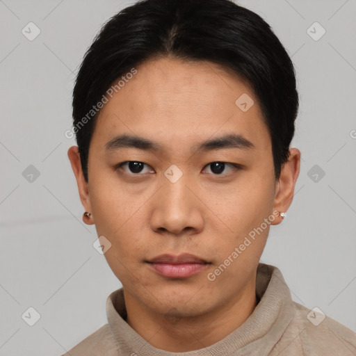 Neutral asian young-adult male with short  black hair and brown eyes