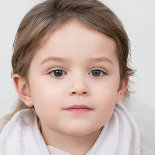 Neutral white child female with medium  brown hair and blue eyes