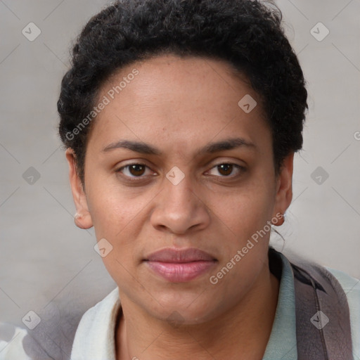 Joyful latino adult female with short  brown hair and brown eyes