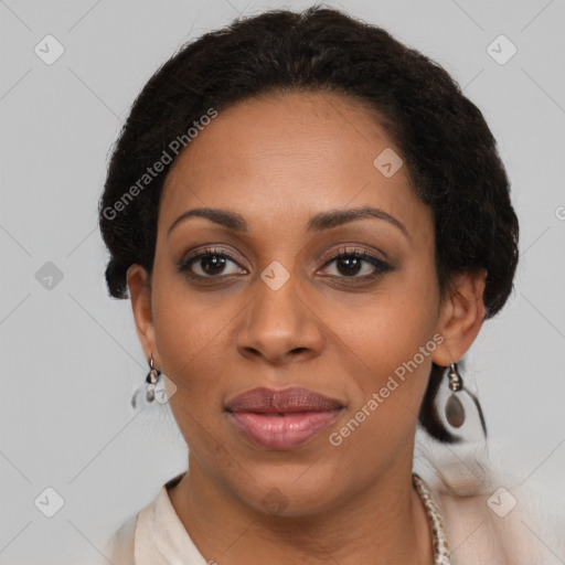 Joyful latino young-adult female with short  brown hair and brown eyes