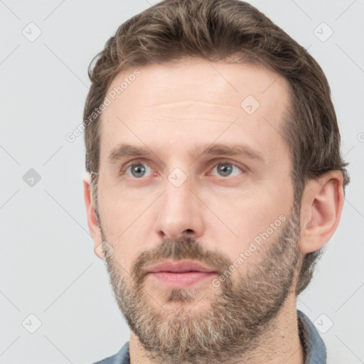 Neutral white young-adult male with short  brown hair and grey eyes