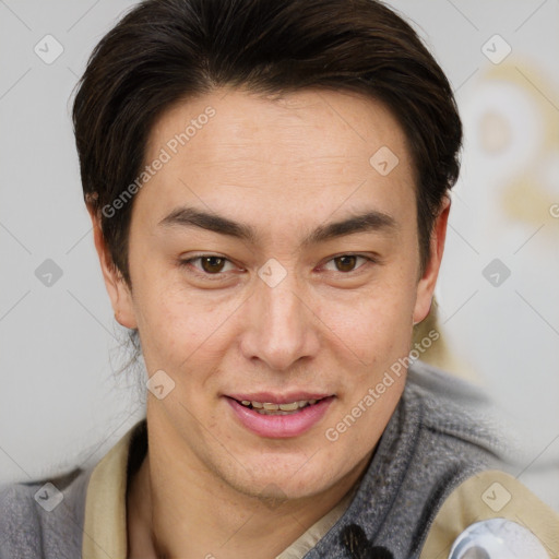 Joyful white adult female with short  brown hair and brown eyes