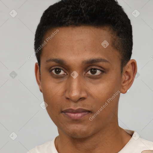 Neutral latino young-adult male with short  black hair and brown eyes