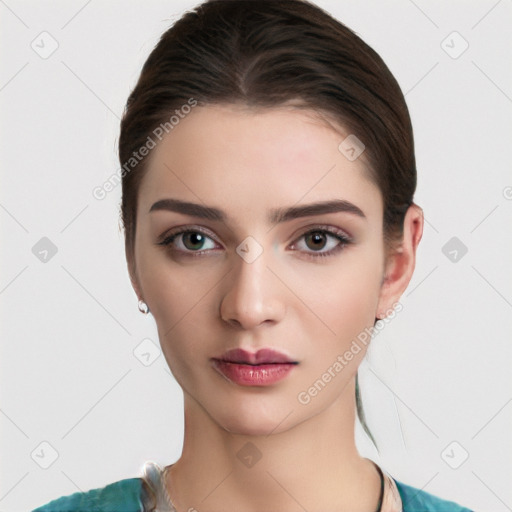 Neutral white young-adult female with medium  brown hair and brown eyes