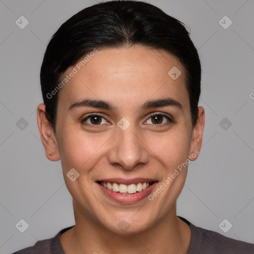 Joyful white young-adult female with short  brown hair and brown eyes