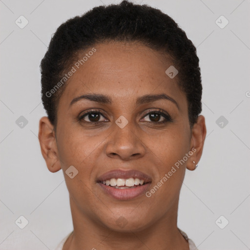 Joyful black young-adult female with short  brown hair and brown eyes