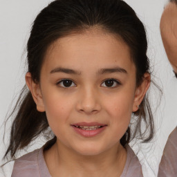 Joyful white child female with medium  brown hair and brown eyes