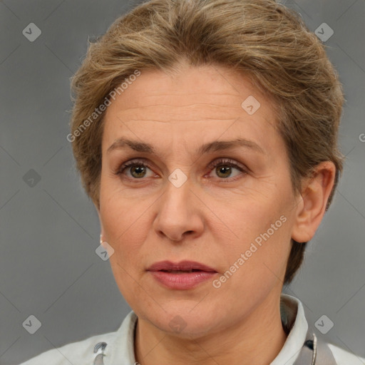 Joyful white adult female with short  brown hair and brown eyes